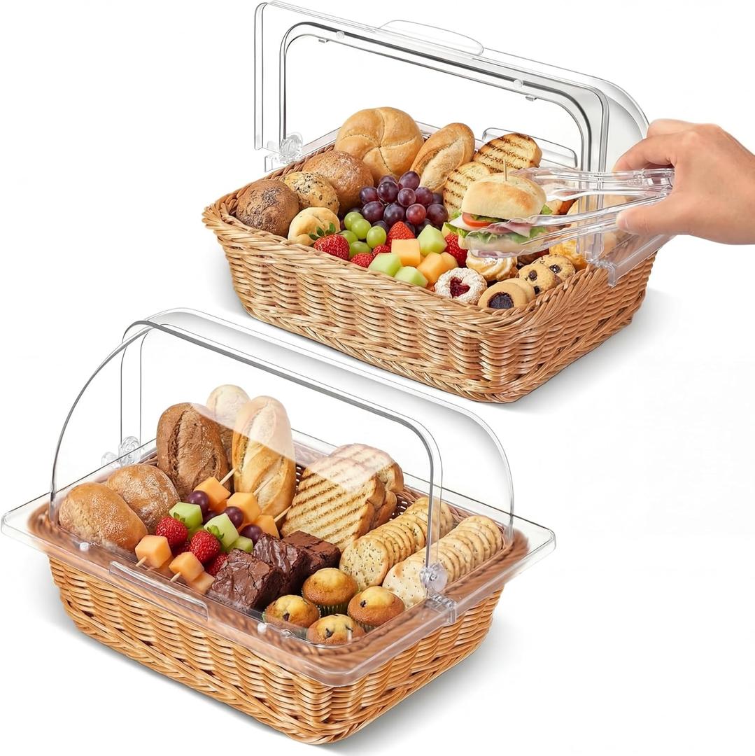 2 Set Wicker Bread Baskets for Serving with Clear Acrylic Roll Top Lid Woven Rattan Bread Basket Large for Fruit Food Picnic Summer Pool Party Outdoor BBQ(13.78 x 10.63 Inch,1 Compartment)