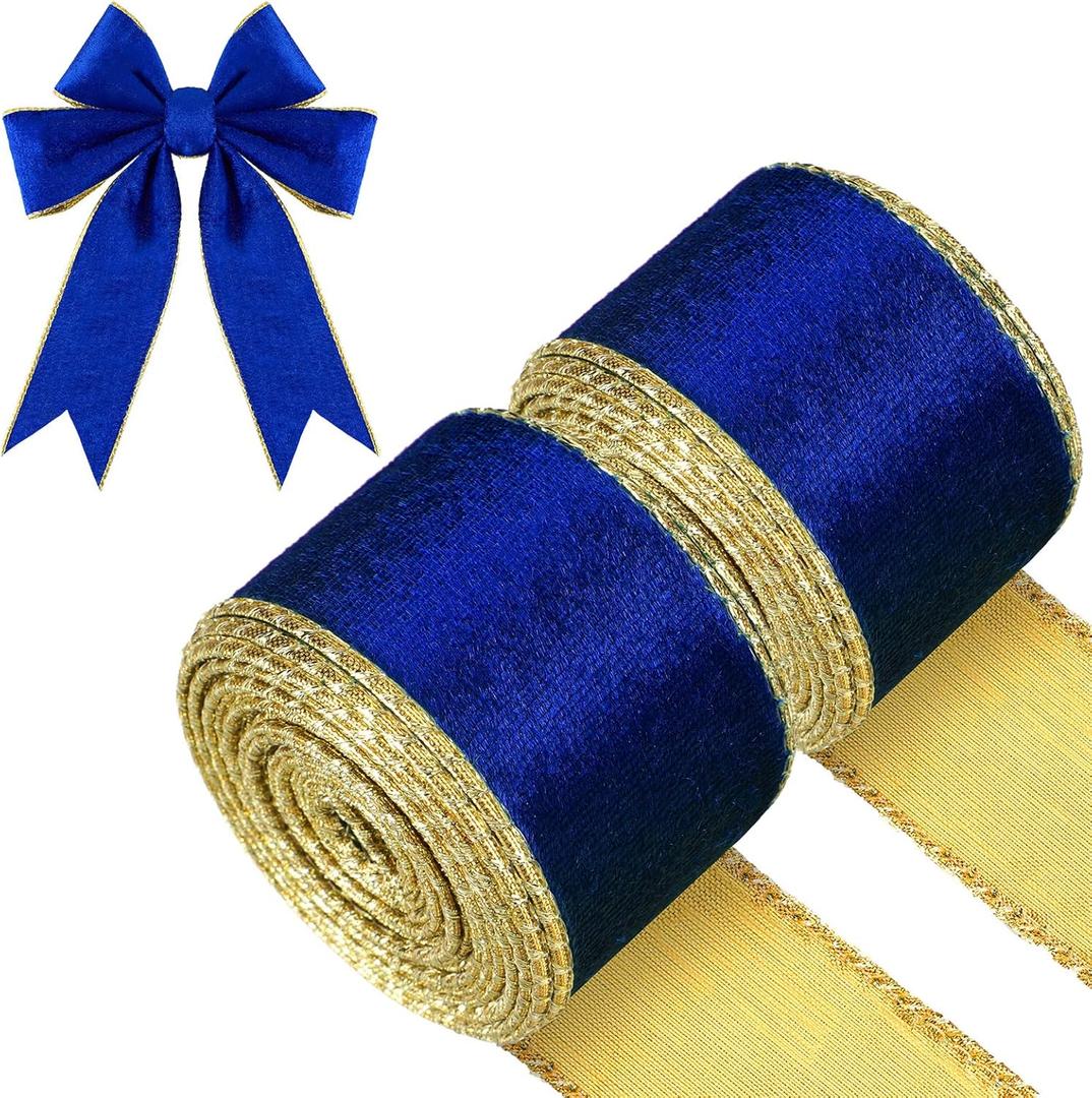 WILLBOND 2 Rolls Christmas Velvet Ribbon Wired Edge Trim Wrapping Fabric Ribbon for Gift Wrapping Bow Making and DIY Crafts Garland Wreath Tree Topper Decor(2.5 Inch X 6 Yards, Navy Blue)