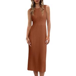 Danedvi Women's Knit Midi Tank Dress Sleeveless Ribbed Crew Neck Fall Bodycon Casual Basic Going Out Dresses (XX-Large, Brown)