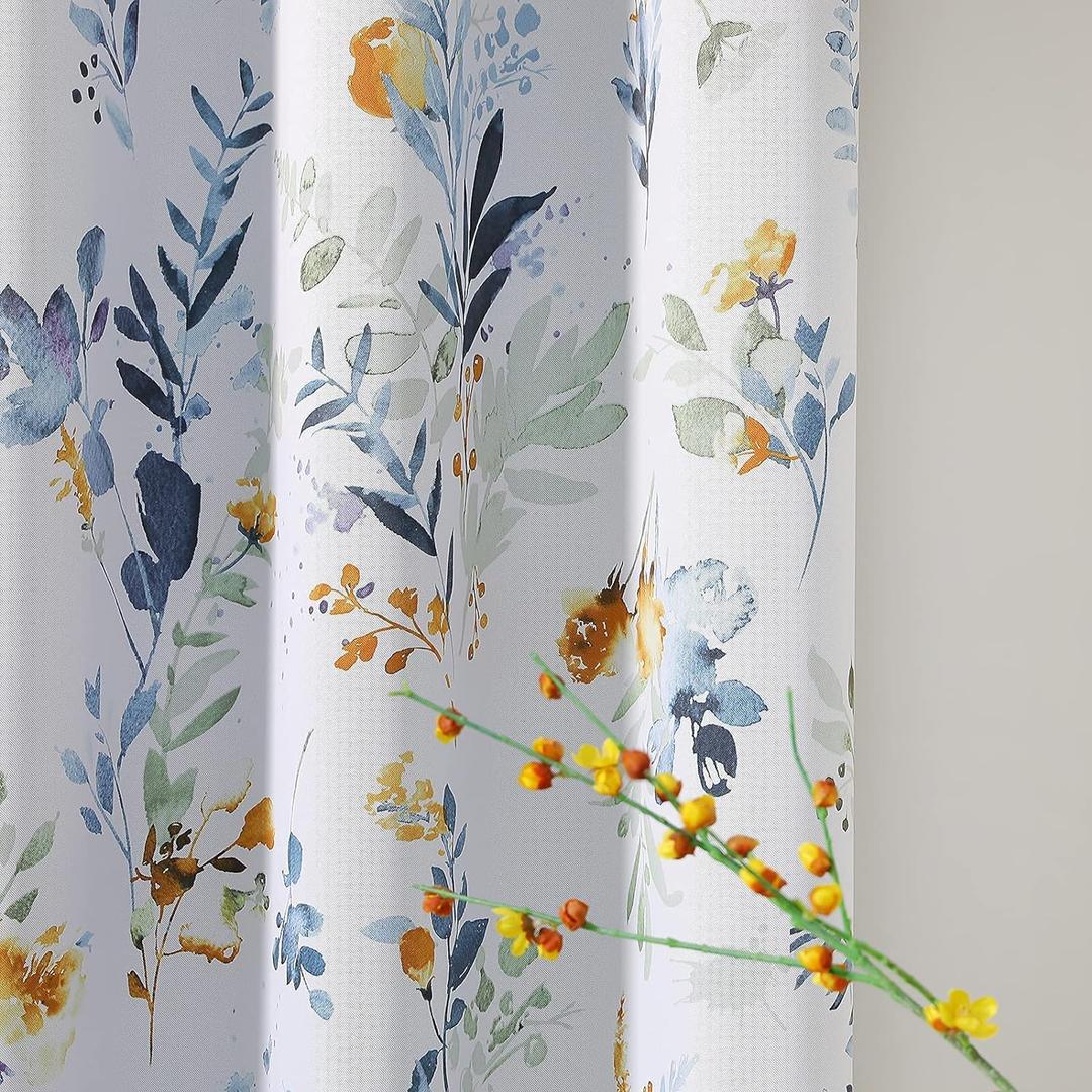 MYSKY HOME Floral Blackout Curtains 63 Inch Long Living Room Bedroom Summer Curtains Thermal Insulated Curtains Room Darkening Curtains Printed Flower Leaf Window Treatments, 2 Panels, Yellow and Blue