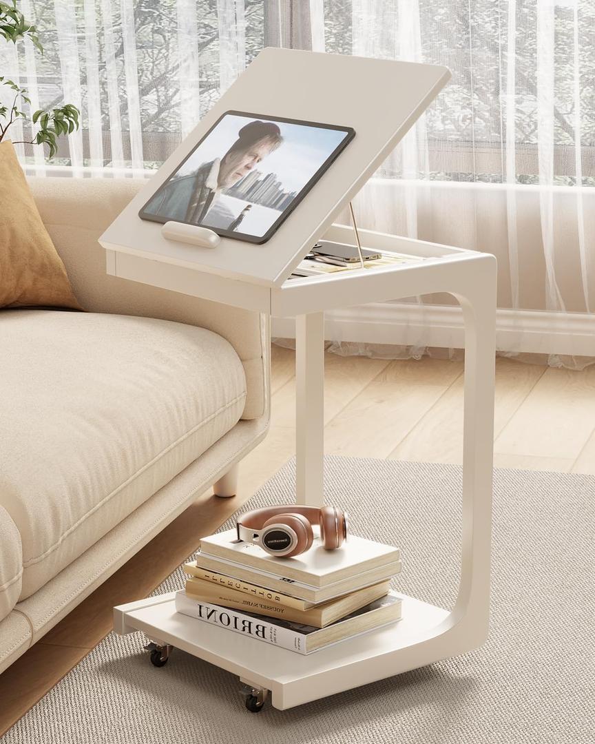 AQIMUELE Wooden C-Shaped End Table,Couch Table with Adjustable Desktop,Small Rolling Side Table with 2 Lockable Wheels,Small End Table for Couch, Living Room,Bedroom (White), 15.6"D x 15.7"W x 24.8"H