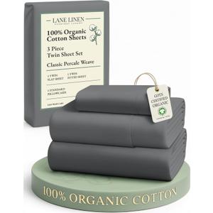 LANE LINEN 100% Organic Cotton 3Pc Bed Sheets Twin Size, Classic Percale Weave, Soft & Comfy Fully Elasticized Naturally Cooling Cotton Sheets, Low Pill Machine wash Twin Sheet Set- Charcoal
