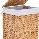 Handwoven Laundry Basket with Lid, Natural Water Hyacinth Storage Basket with Handle, Wicker Laundry Hamper with Removable Cotton Liner and 2 Mash Bags (65L)