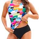 Tempt Me Color Block Two Piece Tankini Swimsuits for Women Tummy Control Bathing Suits High Neck Swim Top with Shorts Swimwear S