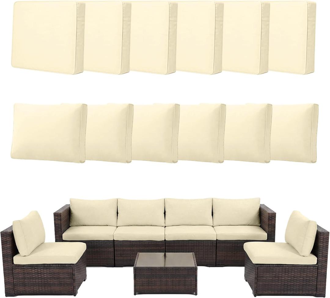 12pcs Outdoor Patio Cushion Covers Replacement, 24" Zippered Outdoor Cushion Covers Waterproof, UV Resistant & Washable Patio Furniture Cushion Covers Waterproof for Patio Sectional, Covers Only Beige