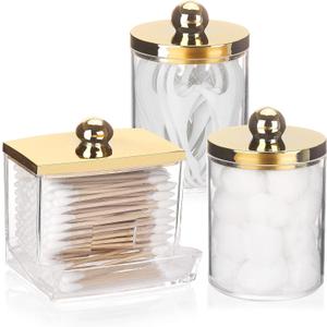 Tbestmax 10oz Cotton Ball Holder 7oz Qtips Dispenser, Bathroom Container Organizer for Storage Cotton Swabs, Pads - Apothecary Jar with Gold Lids