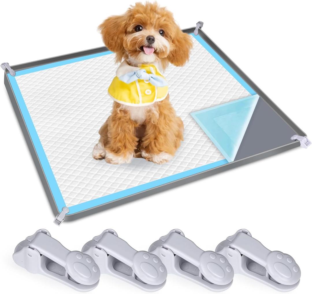 Dog Pee Pad Holder, Dog Potty Tray Silicone Puppy Pad Holder Tray Fits for 27" x 27" Training Pads, Puppy Potty Tray with 4 Clamps No Spill Raised Lip High Edge for Floor Protection (Dark Grey)