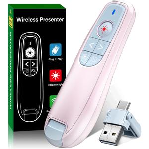 2-in-1 USB Type C Presentation Clicker, Wireless Presentation Clicker PowerPoint Presenter Remote with Volume Control, Powerpoint Clicker with Slide Advancer for Computer/Laptop/Mac,Pink