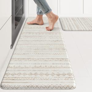 KIMODE Kitchen Mats Cushioned Anti Fatigue, Farmhouse Kitchen Rugs Sets of 2, Memory Foam Kitchen Mats for Floor, Waterproof Standing Mat for Kitchen Decor Laundry Office Desk Khaki 17"x47"+17"x29"