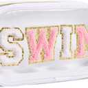 Swim Pouch Bag Clear Makeup Bags with Zipper Preppy Chenille Letter Patch Cosmetic Bag Beach Pool Zipper Pouch Summer Organizer Toiletry Bag for Women Girl Gifts