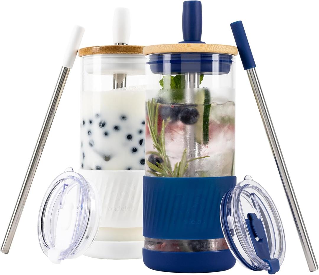 Pandaloo Glass Cups With Lids and Straws -20 Fl Oz- Perfect Size Iced Coffee Cup - Smoothie Cup With Bamboo Lid and On the go Lid - Glass Tumbler (2 Count (Pack of 1), Galactic Blue-Coton White)
