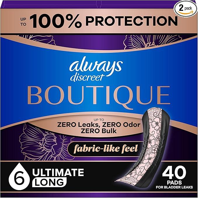 Always Discreet Boutique Incontinence Pads, for Bladder Leaks, Extra Heavy Absorbency, Long Length, 40 Count (2 Packs of 20)