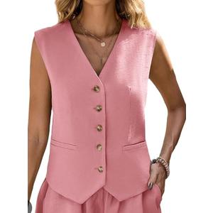 Fall Linen Vest Women Sleeveless Lihtweight Fully Linend V-Neck Button Top Fashion Work Casual Blazer Jacket Pocket