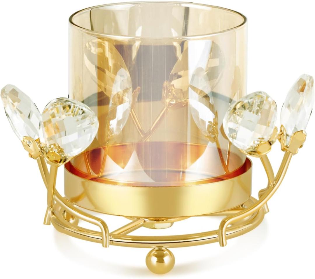 Hurricane Candle Holder, Gold Pillar with Crystal Accents & Windproof Glass Lid - Elegant Centerpiece for Weddings, Dinners, Party Decor