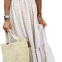 chouyatou Women's Retro Plaid Smocked Dress Spaghetti Strap Flounce Long Dress (Khaki)