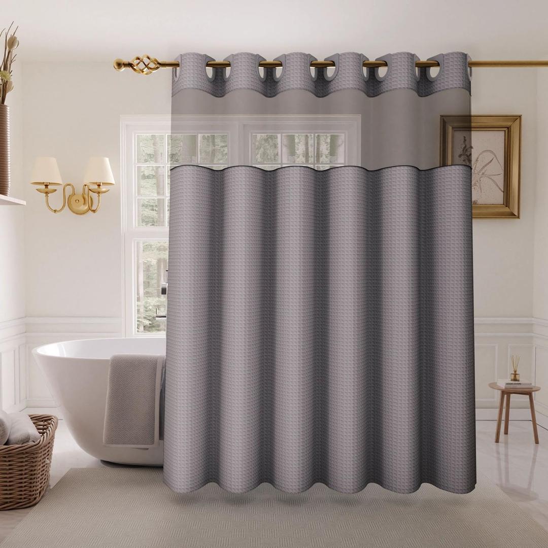 Inhousolu Stall No Hook Shower Curtain with Snap in Fabric Liner Set Waffle Weave 230GSM Weighted Hem, Waterproof & Washable Bathroom Curtain Spa Luxury with Mesh Top Window 36" W x 72" L Grey