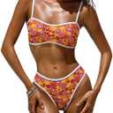 OWICA Women's 2 Piece Bikini Sets Floral Print High Cut Bathing Suits Cheeky Bandeau Beachwear Swimsuits for Women (Orange, M)