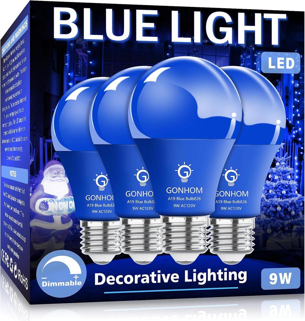 4 Pack A19 LED Blue Light Bulb,9 Watt Blue Lights Equivalent 100 Watt Colored Light Bulbs,E26 Base LED Lights for Party Decoration, Holiday Lighting,Halloween Light Bulbs