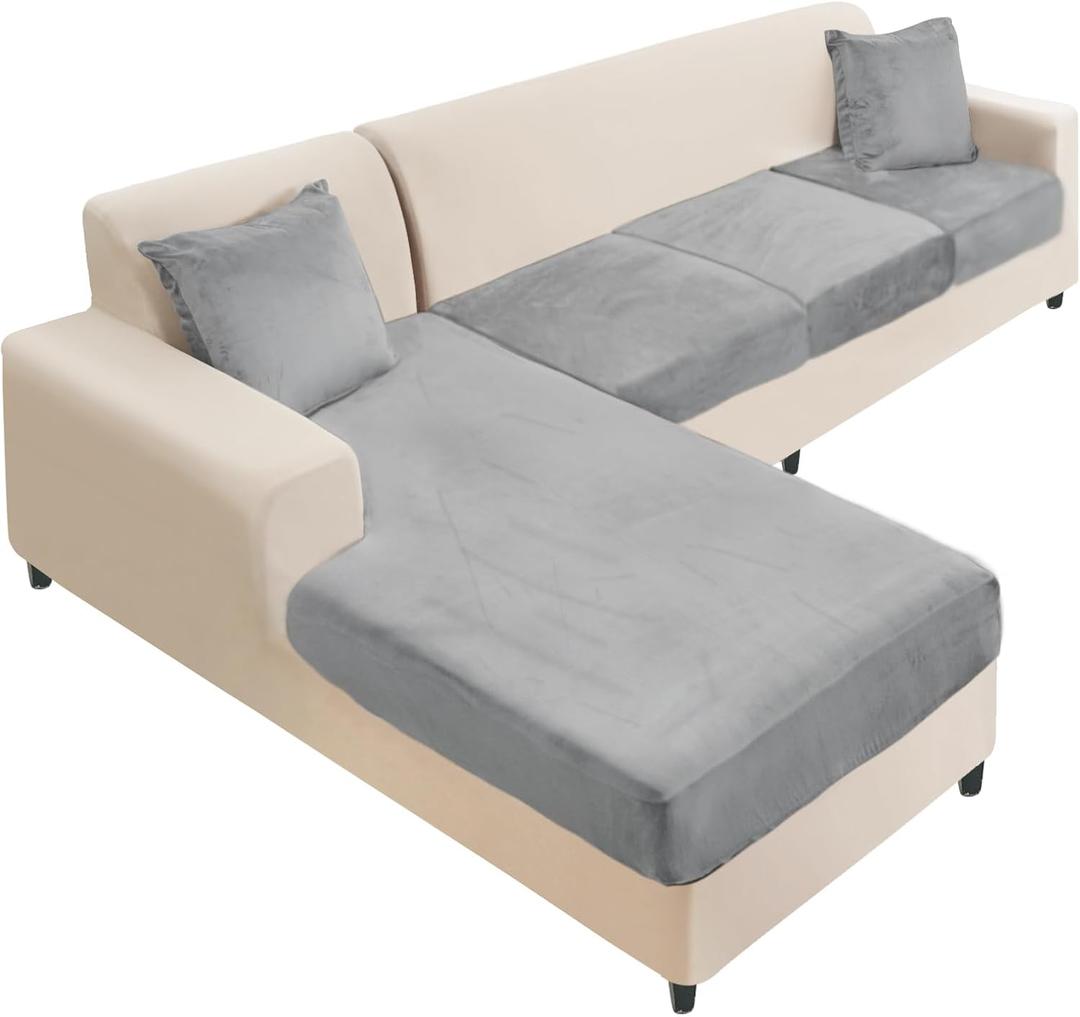 NAISI Sectional Couch Cover 4 Pieces Velvet Separate Couch Cushion Covers L Shape Soft Stretch Sofa Slipcovers with 2pcs Pillowcases for Left/Right Chaise Sectional Couch(3 Seater+1 Chaise,Light Grey)