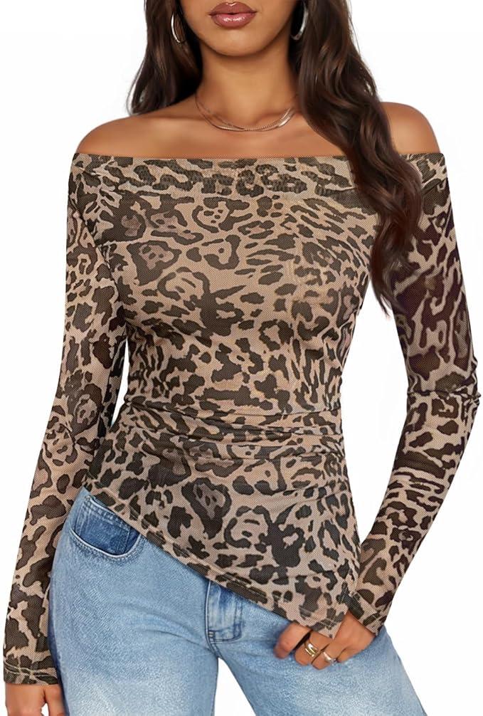 ZESICA Floral Mesh Off Shoulder Long Sleeve Tops for Women 2026 Y2k Double Lined Sheer Spring Going Out Shirts, M