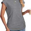 SAMPEEL Womens Summer Tops Trendy 2025 Ruched Cap Short Sleeve Tshirts Shirts Crew Neck T Shirts Fashion (Gray, S)
