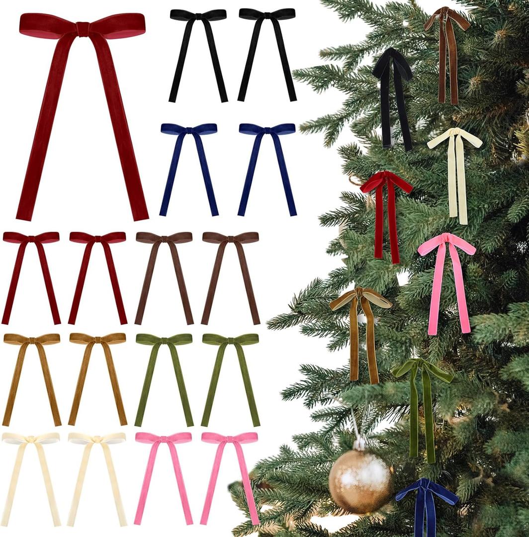 24 Pcs Velvet Bows for Christmas Tree Vintage Ribbon Bows for Crafts Garland Home Coquette Wedding Birthday Decor(5 x 7 Inch, Width of 5/8",Colorful)