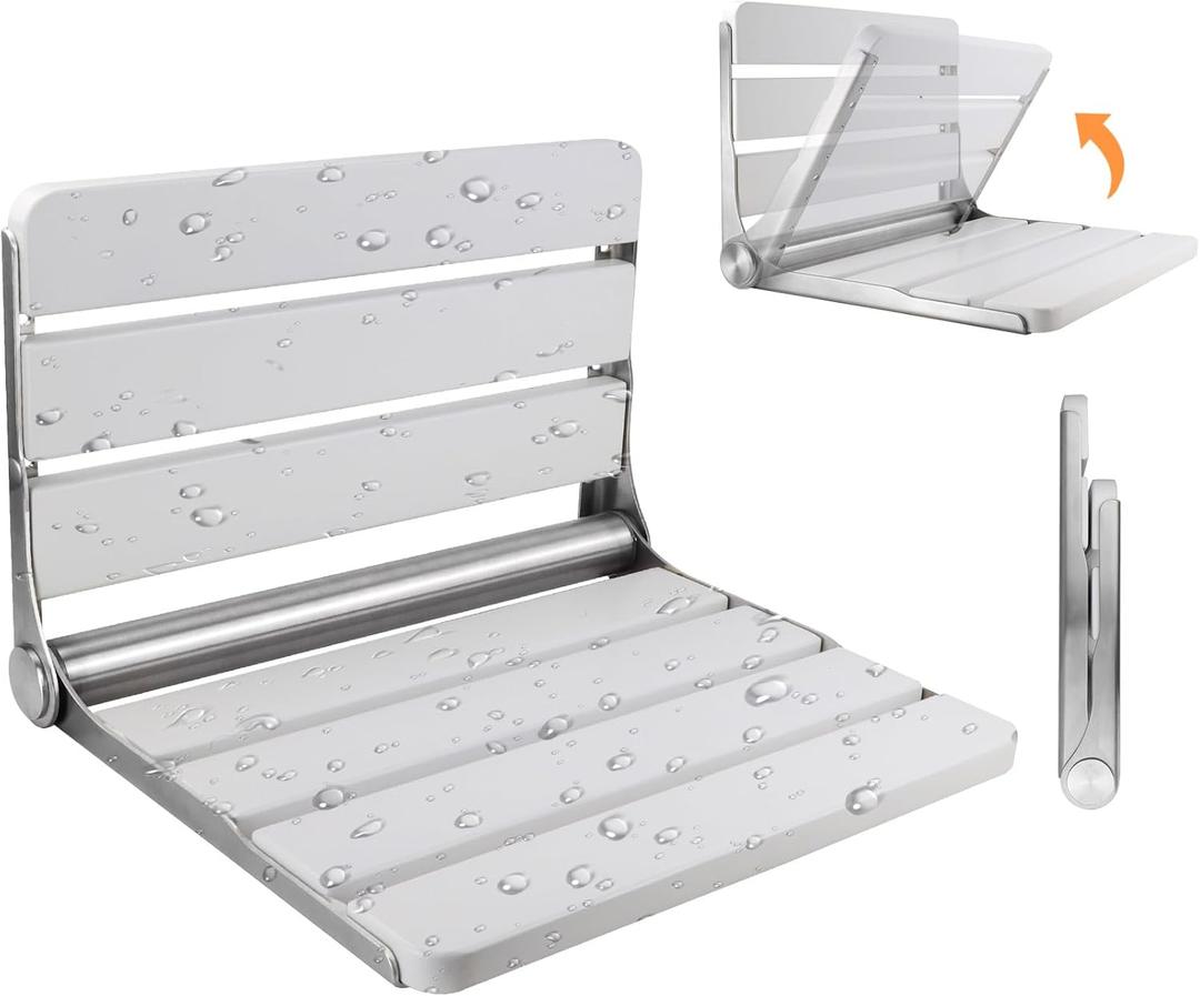 Teak Folding Shower Seat Wall Mounted, 16" Foldable Shower Bench, 400lbs Max Load, Space-Saving Fold Down Design for Seniors, Elderly & Small Shower Spaces (White, 16 inchs)