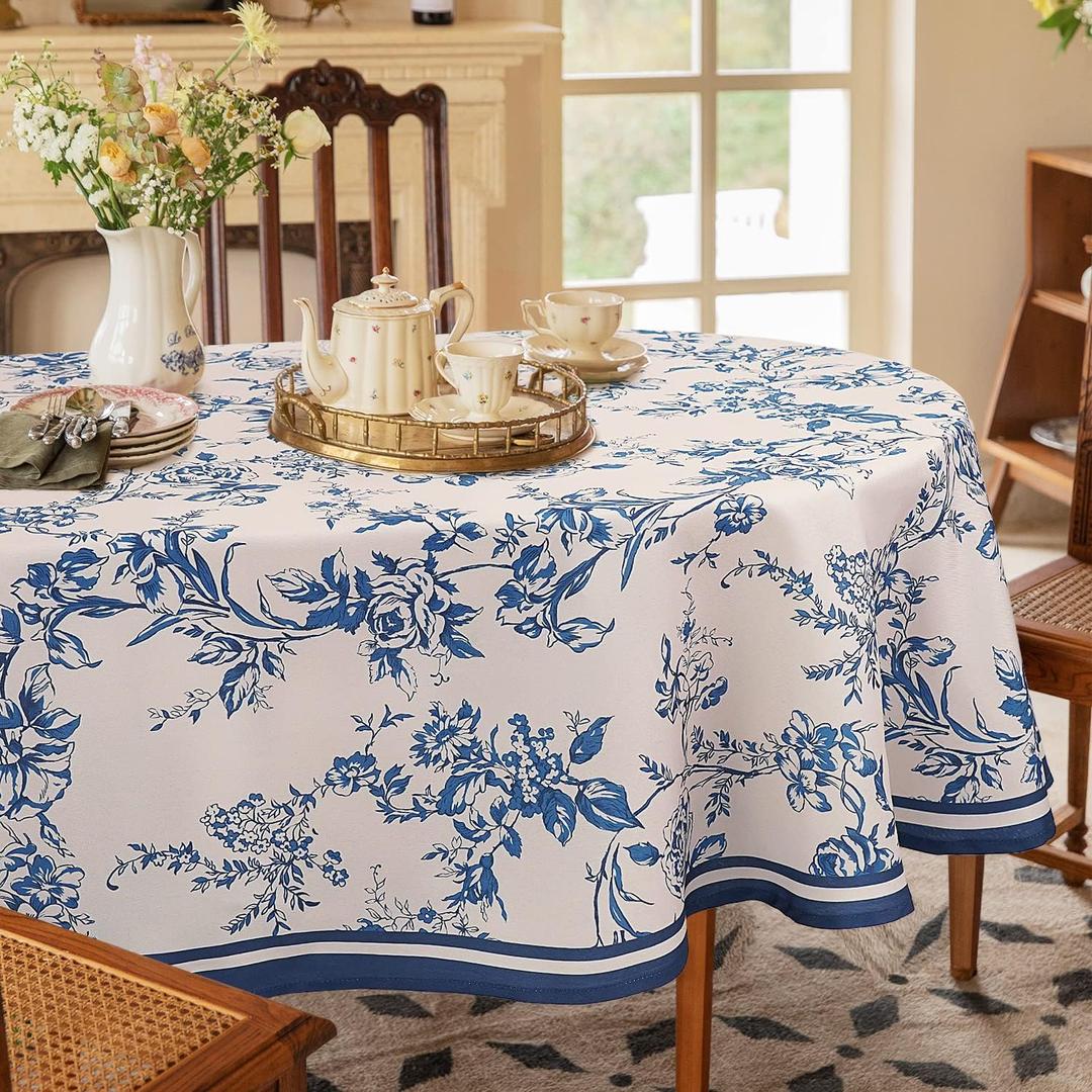 Bnejvif Modern Blue Floral Oval Tablecloth 60 x 84 Inch Waterproof, Wrinkle-Free Fabric Table Cover for Indoor and Outdoor Dining Decor