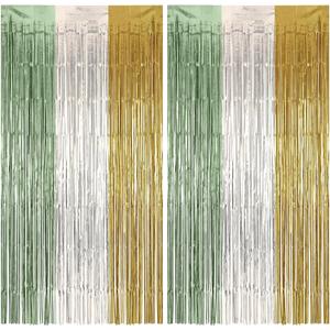 Chumia 2 Packs Sage Green Foil Fringe Backdrop Curtains, 3.2 x 6.6 ft Light Green Tinsel Glitter Metallic Streamers Party Decorations Photo Props for Boho Birthday Wedding Party Supplies