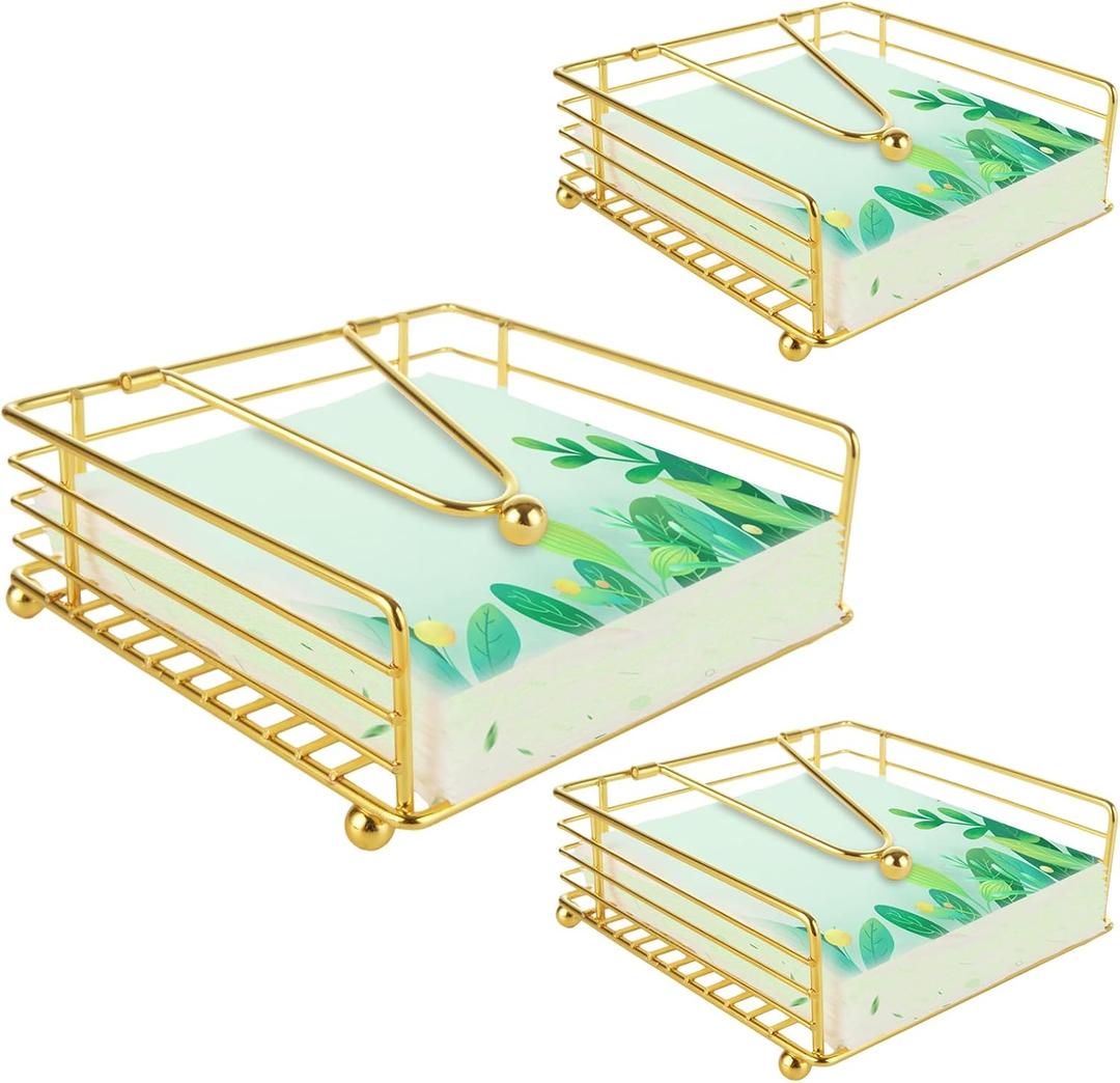 3 PCS Napkin Holder for Table Flat Napkin Holder with Weighted Arm Square Paper Napkin Holders Metal Modern Napkin Holder Paper Cocktail Napkin Holder for Kitchen Dinner Outdoor, Gold