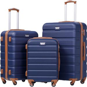 Coolife Luggage 3 Piece Set, Lightweight Durable Hardshell Suitcase set with 360 Spinner Wheels, TSA-approved Lock, Checked Family Travel Luggage sets, 20/24/28 Inch, Apricot Navy