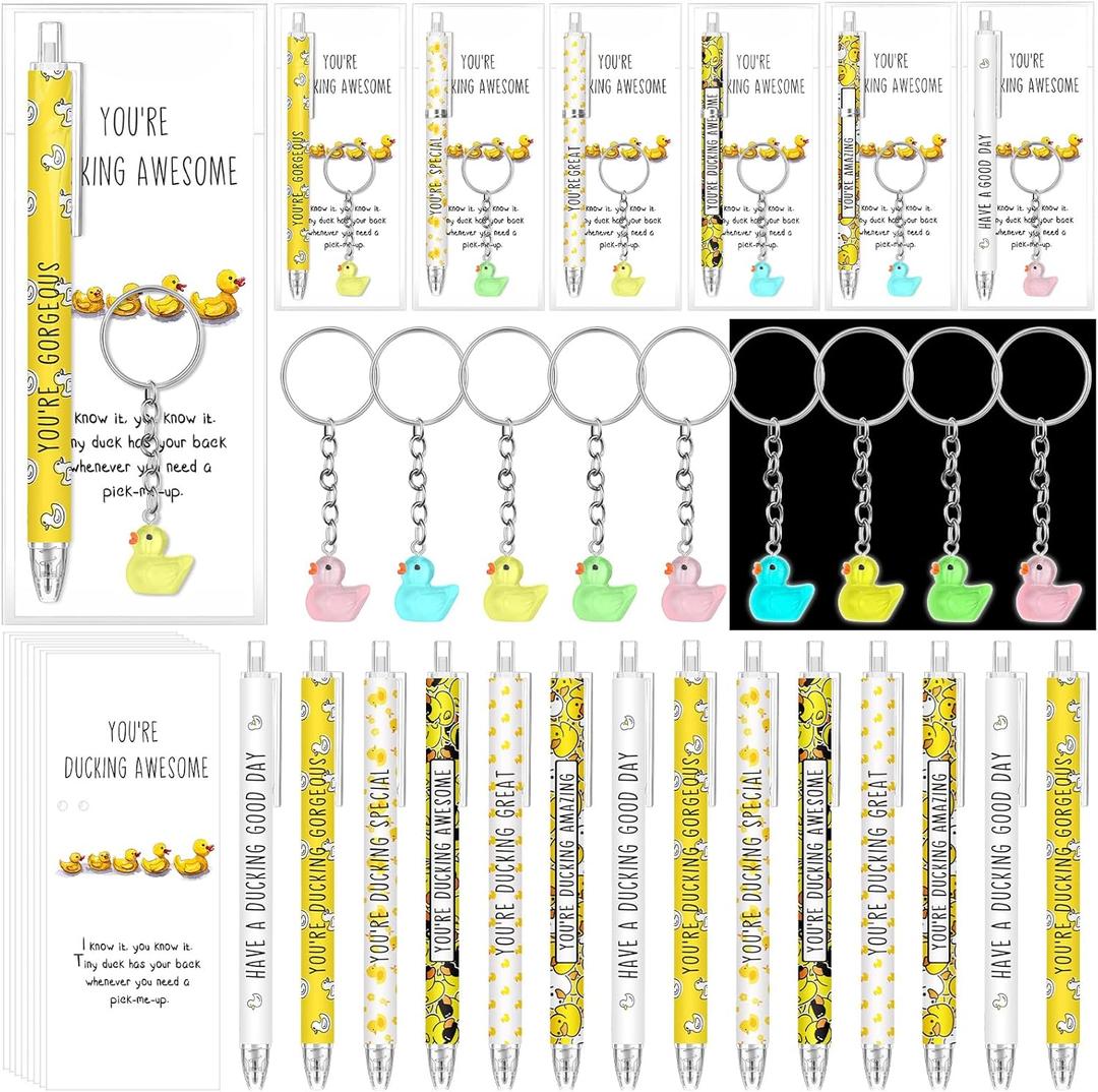 24 Sets Duck Pens Gifts Sets Include Yellow Duck Resin Keychains Cute Ballpoint Pen You're Awesome Cards Bookmarks Students Gifts for School Supplies