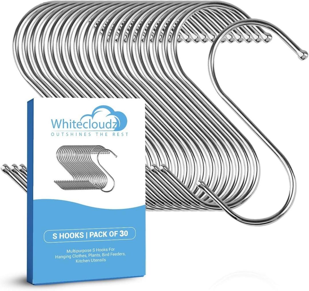WHITECLOUDZ 30-Pack Silver S Hooks for Hanging Plants, Stainless Steel S hooks for hanging heavy-duty, Closet Hooks for Hanging Clothes, Durable kitchen hooks for hanging Utensils, Pots, Clothes & Bag