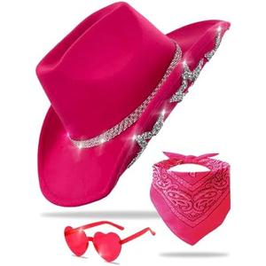 JICASTO Cowboy Hat for Women Men 6 Sparkly Stars Brim & Rhinestone Belt Western Cowgirl Hat with Sunglasses Bandanas Size 57