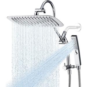 G-Promise All Metal 12 Inch Shower Head with Massage Mode Handheld, Rain Shower Head with Handheld Spray Combo, 3-Way Diverter with Pause Setting, 13 Inch Adjustable Extension Arm (Polished Chrome)