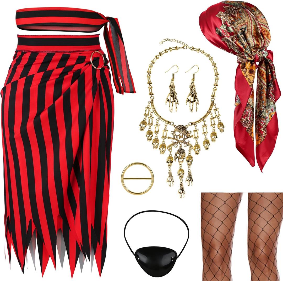 GERVAISE Women Pirate Costume Accessories Pirate Outfits Head Scarf Halloween Full Set (Red)