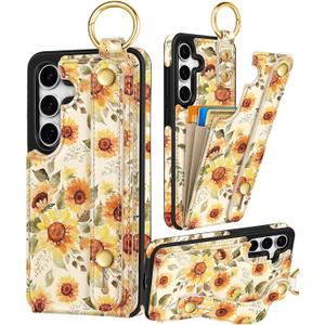 Petitian for Samsung Galaxy S25/S24 Case with Wallet - Women Girls Cute Girly Aesthetic Unique Design with Leather Credit Card Holder Cardholder Stand Wristband, Sunflower