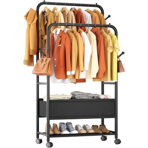 Furologee Clothing Racks for Hanging Clothes, Portable Rolling Garment Rack, Sturdy Metal Freestanding Clothes Rack with Wheels, Double Rods Wardrobe Racks for Bedroom Laundry Living Room (Storage Box)