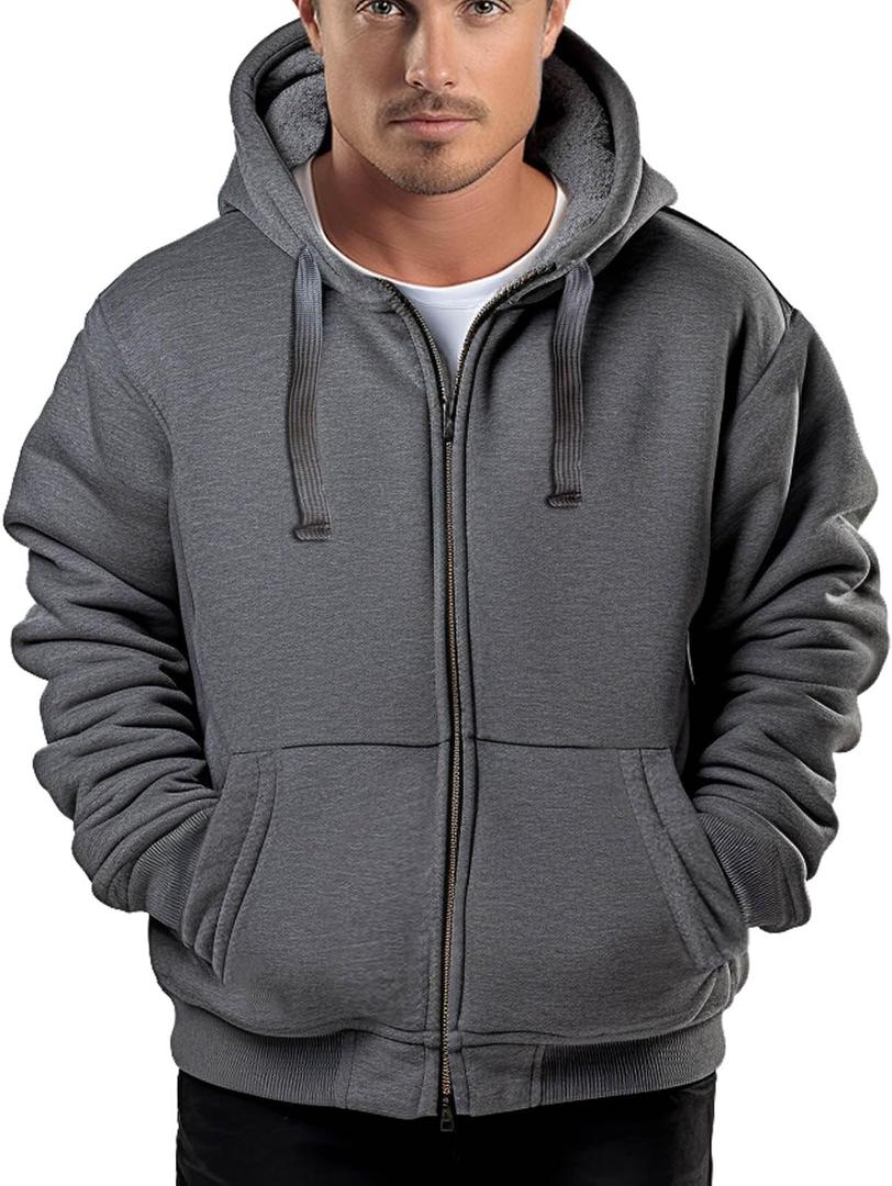 Hoodies for Men Heavyweight Sherpa Fleece Lined Sweatshirt Full Zip Up Thick Winter Coats Hooded Warm Jacket (Gray)
