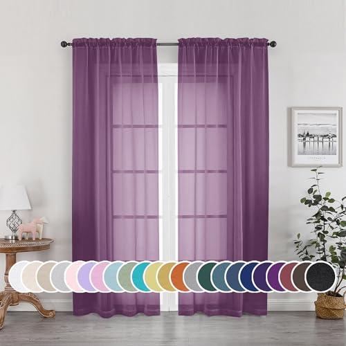 OWENIE Sheer Curtains 72 Inches Long 2 Panels Set, Transparent Light Filtering Plum Sheer Curtain Rod Pocket Clear Drapes for Living Room Bedroom Window Sliding Glass Door, Each 42 x 72 Inch, Plum