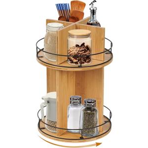 Thick&Thin Lazy Susan Organizer - 2 Tier Rotating Spice Rack for Cabinet, Wooden Rotating Organizer Pantry Kitchen Countertop Dining Table Cupboard Storage