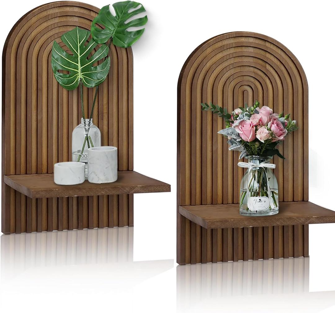LIYAOLI Boho Shelves Bohemian Decorative, Vintage Wall Shelf Boho Chic Wall Decor for Living Room 2 Pieces 15 x 8.6 Inch Wooden Vintage Shelf Decor Hanging Shelves for Wall Mounted Candle Holder