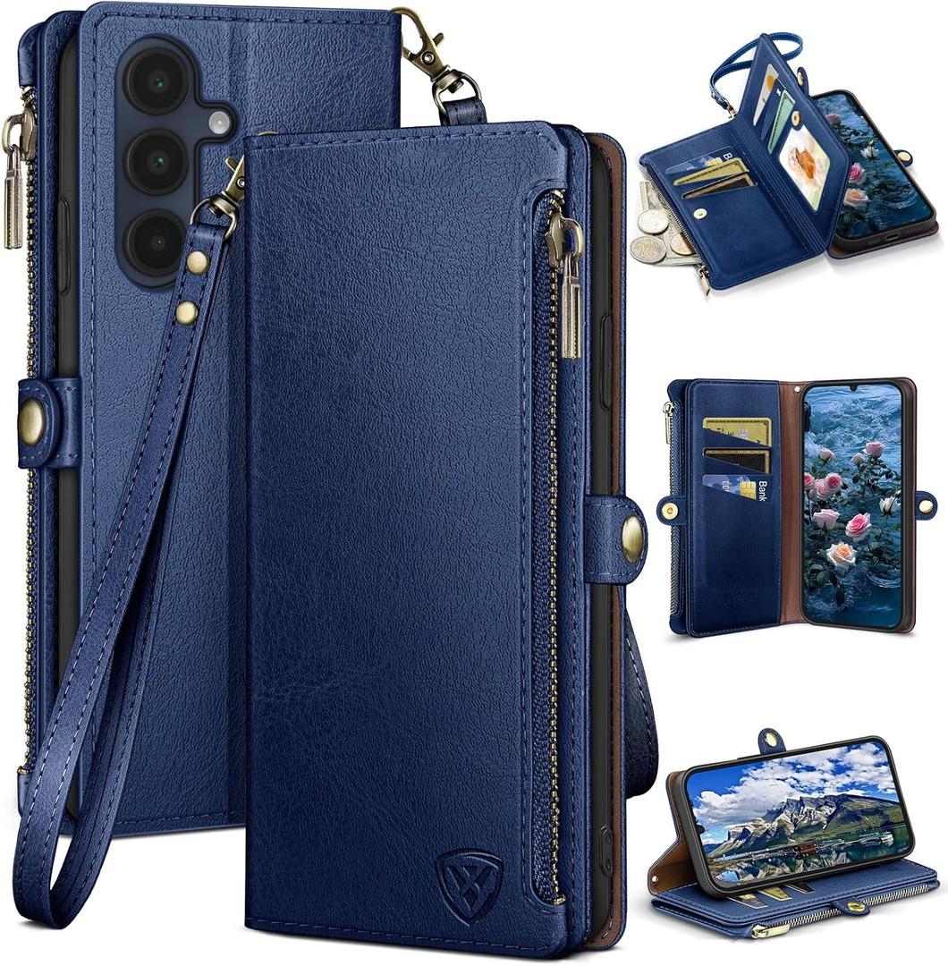 XcaseBar Compatible with Samsung Galaxy A16 5G Wallet case with Zipper Credit Card HolderRFID Blocking,Flip Folio Book PU Leather Phone case Shockproof Cover Women Men for Samsung A16 case Blue