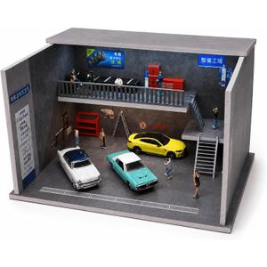 Diorama 1/64 Japanese Garage Model, 3-Color LED 2 Tier Repair Shop Display | 2 Tier Building Model Garage for Hot Wheels Diecast Cars Display,Dimmable 2 Story Workshop Scene Display Case Diorama