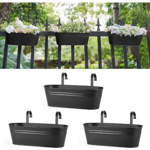 Dahey 3 Pcs Metal Hanging Flower Pots for Railing Fence Outdoor Planter 15.7 Inch Hanging Bucket Pots Countryside Window Flower Plant Holder with Detachable Hooks for Garden Yard Home Decor,Black