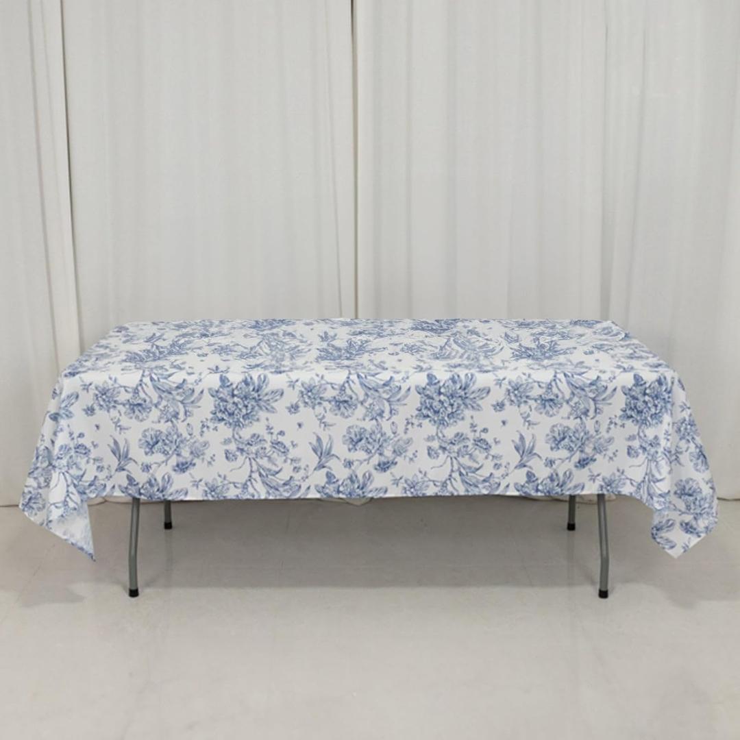 Polyester Rectangular Tablecloth 60"x102" White with Blue French Toile Pattern - Sophisticated Table Cover for Chic Weddings & Events