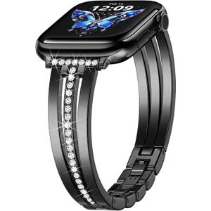 KOREDA Slim Gold Band Compatible for Apple Watch Band 38mm 40mm 41mm 42mm 44mm 45mm 46mm 49mm Series 11 10 9 8 7 SE Ultra Women, Thin Metal Dressy Jewelry Bracelet with Bling Diamond for iWatch Series 6/5/4/3/2/1 (Black)