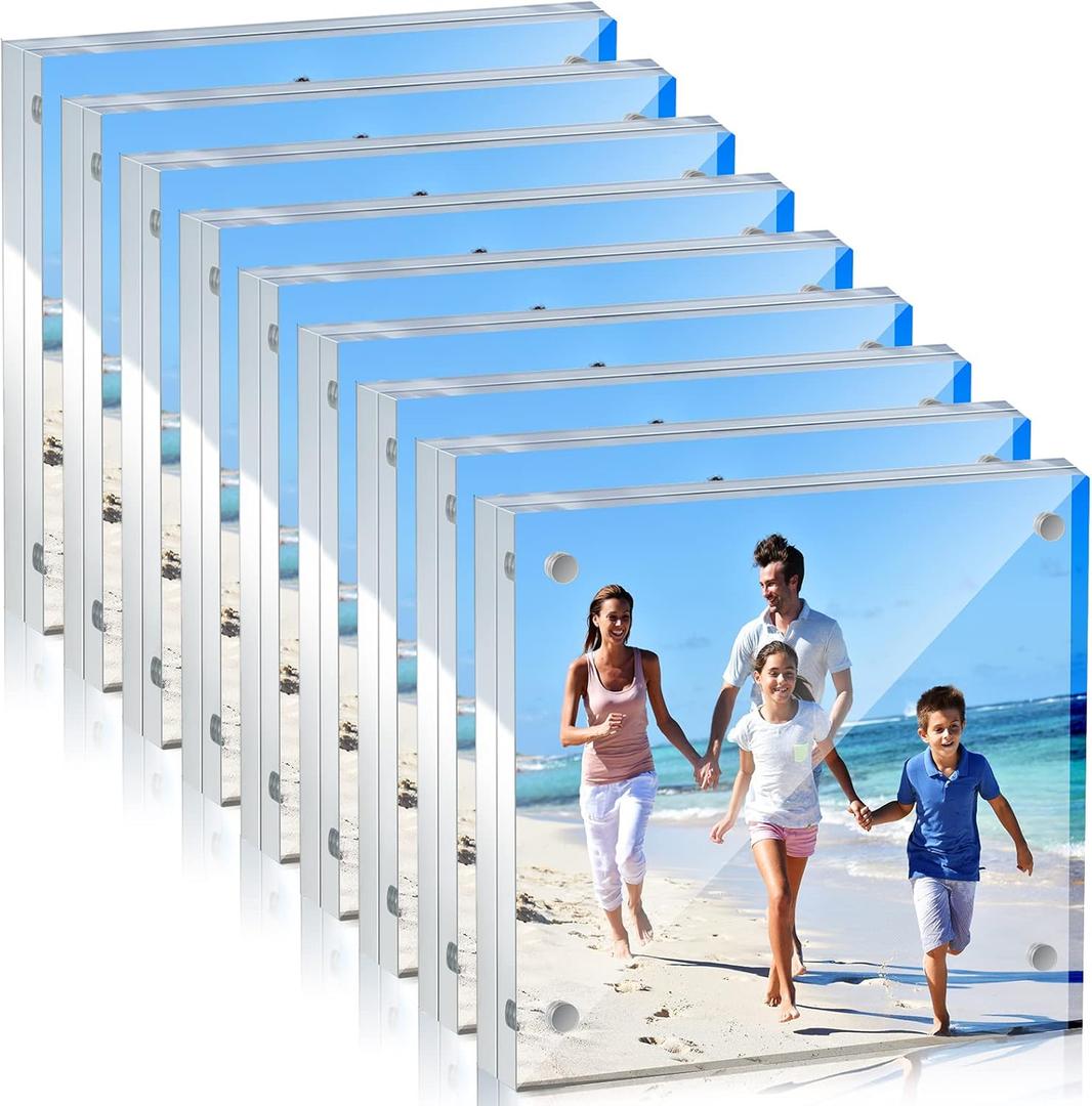 Yalikop 8 Pcs Clear Acrylic Picture Frames Magnetic Acrylic Photo Frame Thick Desktop Display Double Sided Freestanding Floating for Bedroom Living Room Home Office Store Supplies (4 x 4 Inch)