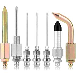 lasuroa 7pcs Grease Gun Accessory Kit, Carbon Steel Galvanized 3 Grease Gun Nozzle 1 Needle Dispenser & Rubber Joint Fitting 1 Bent & Straight Nipple Nozzles for Small Narrow Space Deep Hole