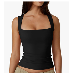 QINSEN Women's Square Neck Sleeveless Double-Layer Tank Tops Basic Tight T Shirts, Size XL
